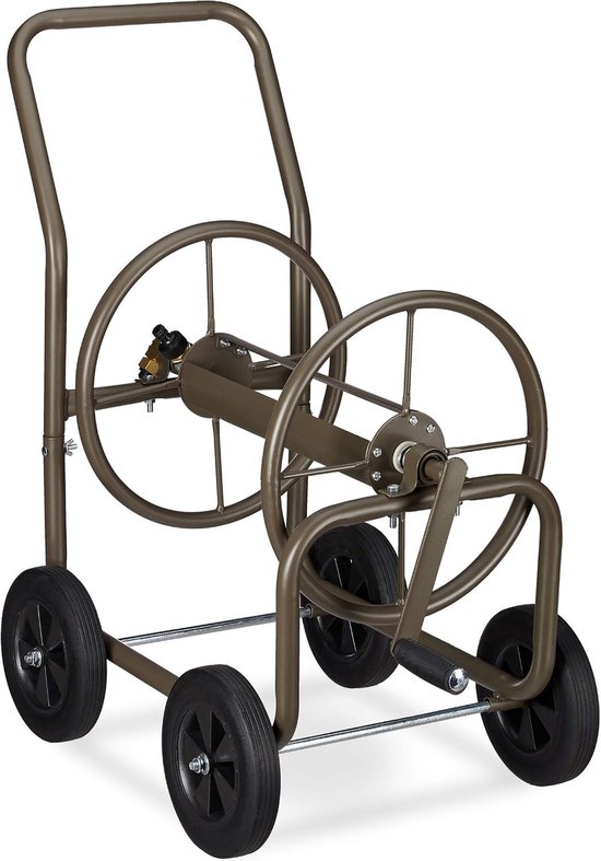 Slangenwagen metaal, opvouwbare tuinslanghouder, 4 wielen, slang van 60 m, afrollen op 90°, bruin