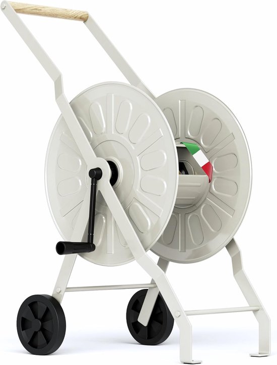 Slangenwagen Metaal, Premium Tuinslangwagen met poedercoating, Slangwagen tot 80m capaciteit, Slangtrommel gemaakt in Italië, Greige
