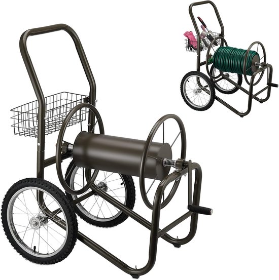 slangenwagen, tot 90 m tuinslang, 2 luchtbanden, mand voor accessoires, slanghouder metaal, bruin