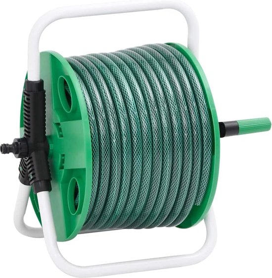 Slanghaspel met 20 m 1/2 inch tuinslang en 4-delige aansluitset voor irrigatie, slangwagen van verzinkt staal, groen