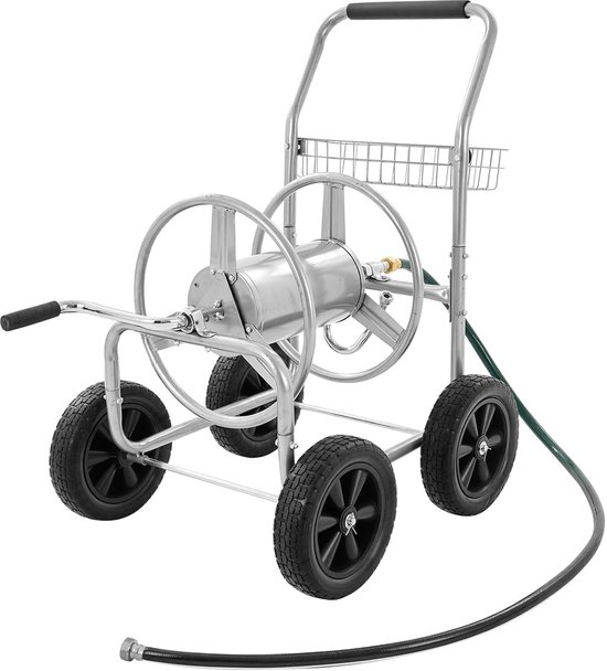 Slanghaspelwagen, geschikt voor maximaal 90 m 5/8 inch slang, tuinwaterslangwagens, mobiel gereedschap met 4 wielen, zwaar gepoedercoat staal, buitenbeplanting met opbergmand, voor tuin, tuin,