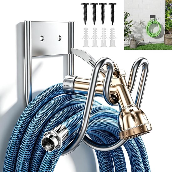 Slanghouder voor aan de muur, 1 stuks tuinslanghouder, tuinslangophanging, wandhouder, slanghouder, voor waterslang, verlengkabel en vacuümslang, zilver