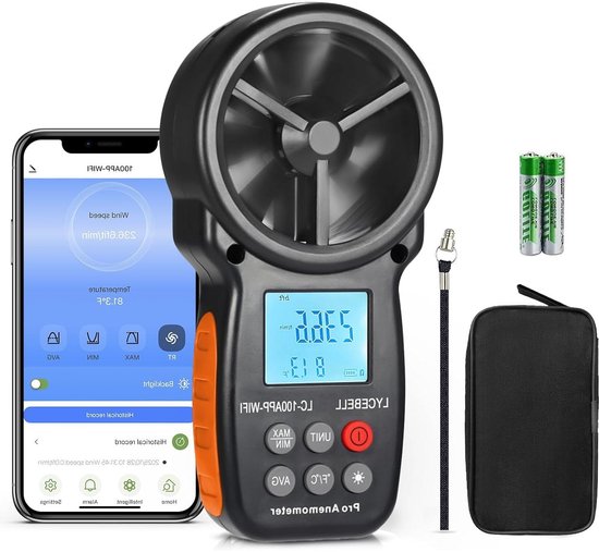 Slimme anemometer - Windmeter app - Windsnelheid meten - Wifi app bediening - 8.5 x 3.8 cm - Zwart