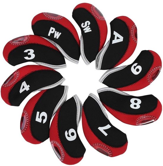 Smoakez - Golf Club Hoofdkappen - Waterdichte Golf Club Bescherming - Zwart & Rood - Set van 10 - Ideaal voor Golf Enthousiastelingen - Inclusief V...