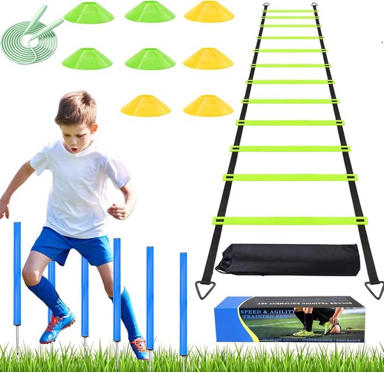 Snelheidstrap en Behendigheidspolen - Voetbaltraining 20ft met 6 Polen en 8 Kezels Voetbal Basketbal Rugby van Merkloos