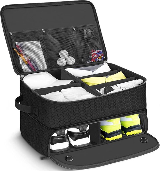 SnelShoppen - 2 Tier Golf Case Organizer voor Auto, Golf Trunk Organizer met Ventileerde Schoencompartiment voor 2 Paar Schoenen tot Maat 14, Ideaal v