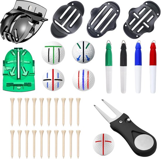 SnelShoppen - 9-delige Golfbal Marker Set met 5 Marker Tools, 4 Kleurrijke Golfbal Markers, 1 Divot Repair Tool, 20 Golf Tees voor Golfbal Uitlijning