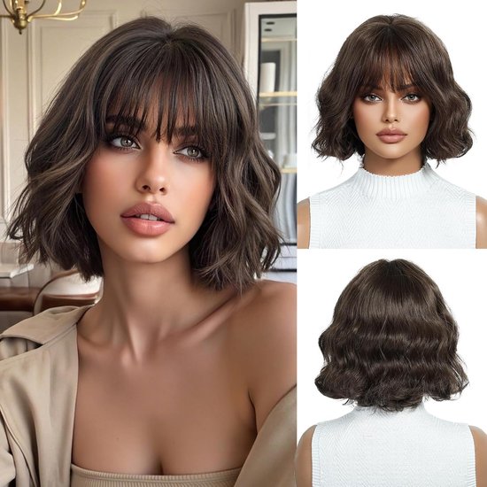 SnelShoppen - Bruine 10" Korte Golf Vrouwen Synthetische Haarwig met Bangs voor Dagelijks Gebruik en Feestjes - Hoogwaardige Japanse Kanekalon Vezels