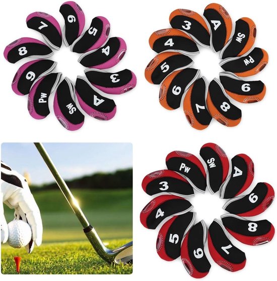 SnelShoppen - Club Golf Club Bescherm Funda Palos De Club Cover Set van 10 Waterdichte Ijzer Hoofd Putter Beschermhoes (Zwart Rood + Nummer)