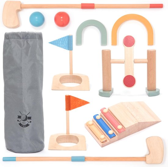 SnelShoppen - Houten Mini Golf Set voor Kinderen - 11-delige Speelset met 6 Obstakels, Golfballen en Golfclubs - Educatief Speelgoed voor Jongens en M