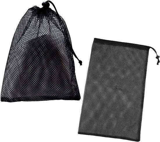 SnelShoppen - Pack van 2 Mesh Tassen met Trekkoord, Nylon Netjes, Zwart voor Golfballen, Verzamelen van Zwembadspeelgoed, Tennis en Sportaccessoires