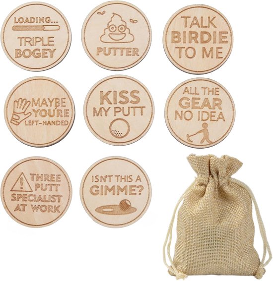 SnelShoppen - Set van 8 Golf Markers Houten Met Humor Laser Gegraveerd Voor Putting Green - 25mm Rond, Leuke Ontwerpen, Ideaal Cadeau Voor Golfliefheb