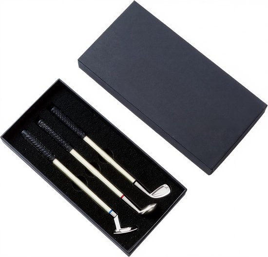 SnelShoppen - Stripe Golf Pennenset - 3 Golfclub Balpennen in Giftbox - Iron, Driver, Putter - Metalen Pennen - Zwarte, Rode en Blauwe Inkt - Perfect van Snelshoppen