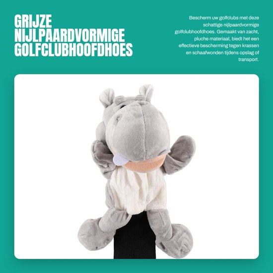 Solidchoice- Golfclubhoofdhoes Grijze Nijlpaardvorm - Beschermende Accessoire - Zacht Pluche Materiaal - Universele Geschiktheid - Gebreide Hals - Schattig Ontwerp - Driverhoes