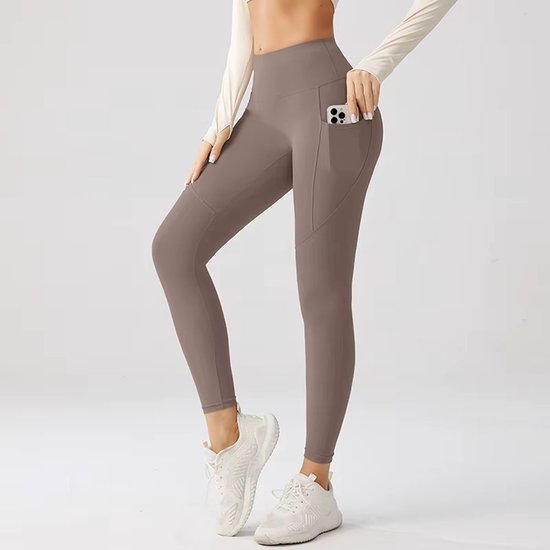 Sportlegging met zakje dames - Sportkleding dames - Sportbroek dames - High waist Sportlegging - Shape legging - Hardloopbroek dames - yoga legging dames - Bruin Maat XL - Gym Revolution van Gym Revolution