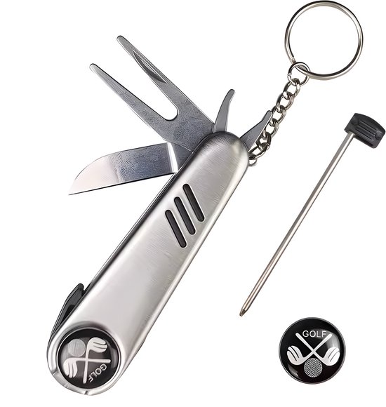Stripe 7-in-1 Golf Multitool RVS – Vouwbaar Golf Pocket Knife met Pitchfork, Mes, Wrench, Ball Marker, Borstel, Score Pen & Keychain van Stripe.