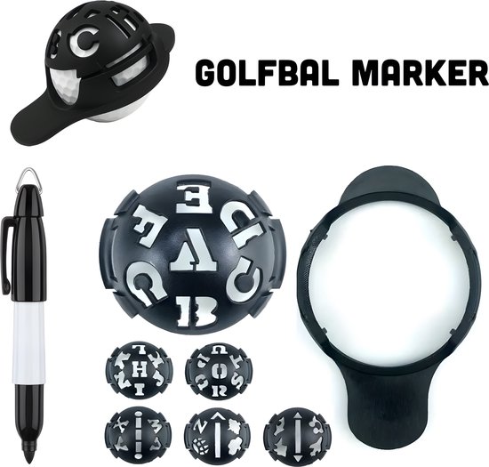 Stripe Balmarker 6 in 1 – Letters & Figuren – Golfmarker, Golfbal Marker & Markeringsset – Line Marker – Golf Accessoires & Trainingsmateriaal – Zwart van Stripe Balmarker