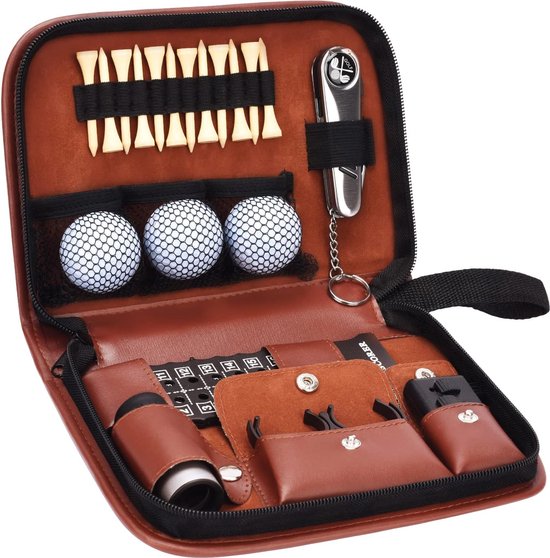 Stripe golf cadeaupakket bruin, golfcadeautjes, golf accessoires tees
