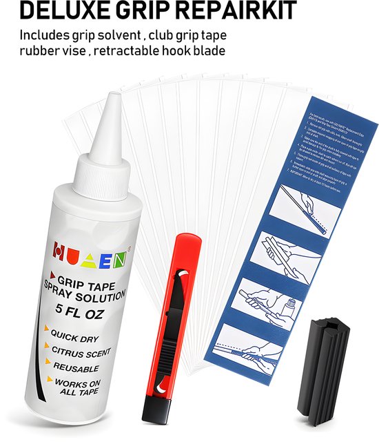 Stripe Golf Grip Vervangset - Complete Grip Replacement Kit met Solvent, Dubbelzijdige Tape, Hook Mes & Rubberen Klem - Golfclub Grip Accessoires voor Herstel & Montage van Wedge Guys