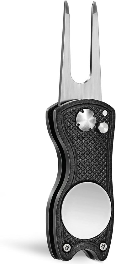 Stripe Golf Pitchfork - Golf Divot Repair Tool, volledig metalen inklapbaar ontwerp met pop-upknop & magnetische ballmarker van Stripe Golf