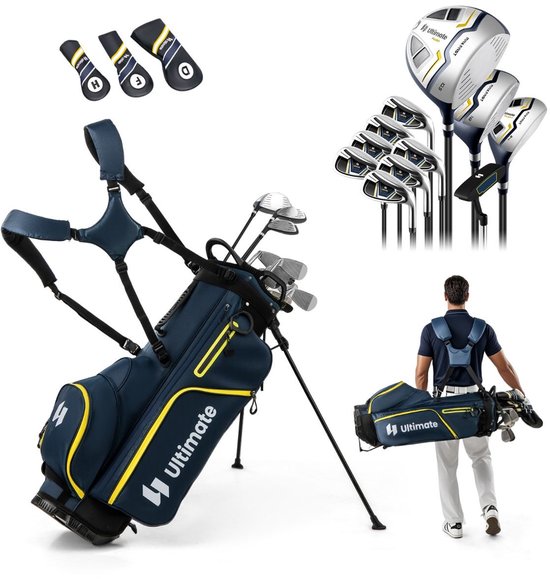 SureDeal® - Golf - Complete Golfclubs - Heren Draagbare Golftas - Statief Driver Hybride - Geel + Marineblauw