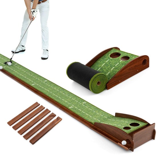 SureDeal® - Golf - Putting Mat Putting - Automatische Balterugloop - Hole Maten Golfballen - Binnen - 302x32x15 cm - Bruin + Groen