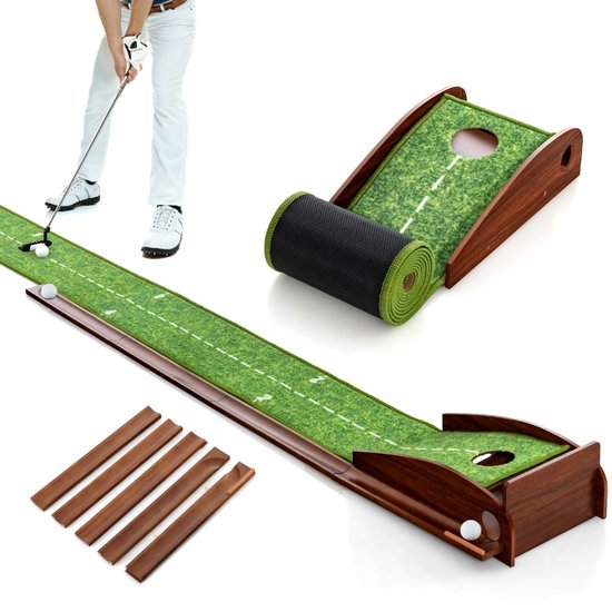 SureDeal® - Golf - Putting Oefenmat Puttingbaan - Automatische Balterugloop - Hole Richtlijn Golfballen - Binnen - 277x29x15 cm - Bruin + Groen