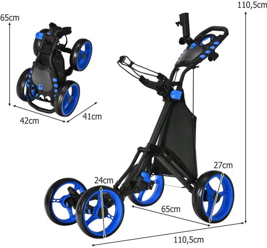 SureDeal® - Golf - Wiel Golftrolley Opvouwbare - Parapluhouder Teehouder - Opbergtas - 110,5x65x110,5 cm - Naturel