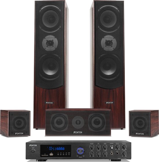 Surround set home cinema - Fenton 5.0 set met versterker en 5 speakers - Bluetooth / mp3 - Walnoot van Fenton