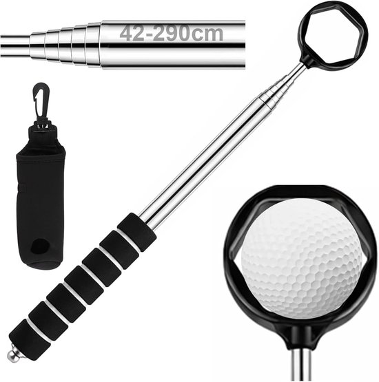 Telescopische golfbalverzamelaar van roestvrij staal met 6-hoekig grijpsysteem, uittrekbare hengel en handige golfaccessoires voor verzamelaars