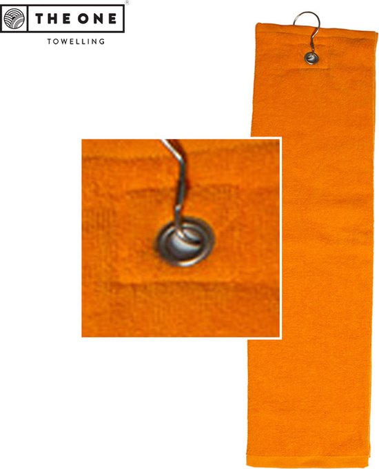 The One Towelling Golfhanddoek - 40 x 50 cm- Sporthanddoek - Terry Velours - 100% Gekamd Katoen - Met metaal oog en karabijnhaak - Oranje