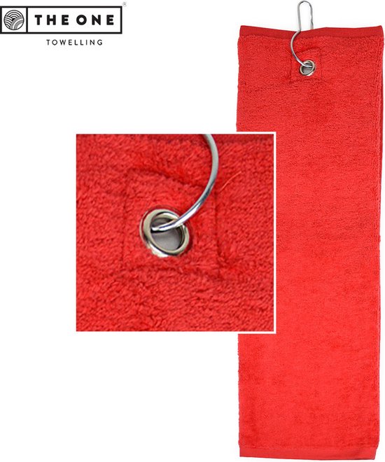 The One Towelling Golfhanddoek - 40 x 50 cm- Sporthanddoek - Terry Velours - 100% Gekamd Katoen - Met metaal oog en karabijnhaak - Rood van The One