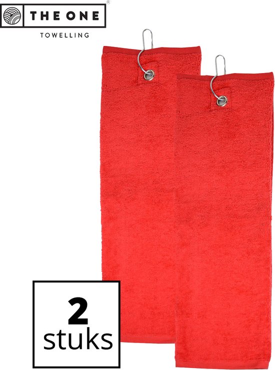 The One Towelling Golfhanddoeken - 40 x 50 cm- 2 Stuks - Sporthanddoek - Voordeelverpakking - Terry Velours - 100% Gekamd Katoen - Met metaal oog en karabijnhaak - Rood