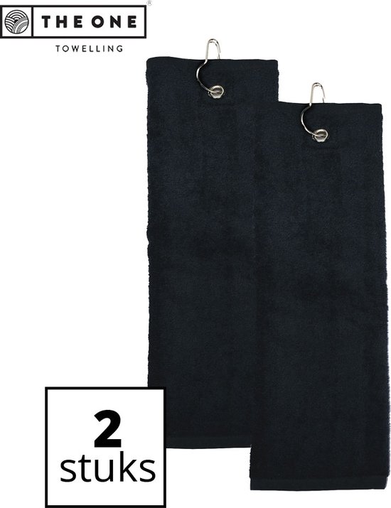 The One Towelling Golfhanddoeken - Sporthanddoek - Voordeelverpakking - Terry Velours - 100% Gekamd Katoen - Met metaal oog en karabijnhaak - 40 x 50 cm- Zwart - 2 Stuks van The One