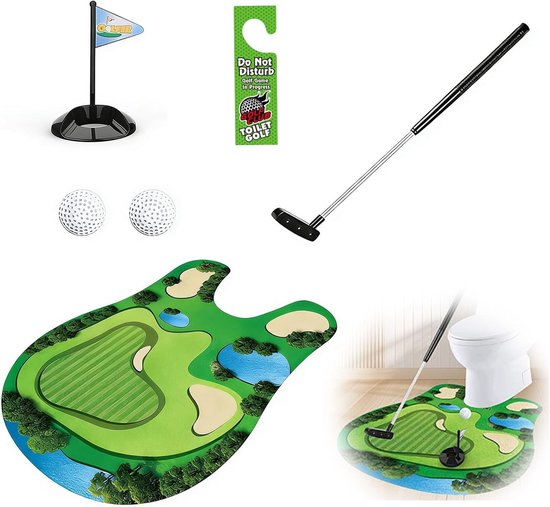 Toilet Golf Set - 6-delig - Luxe Potty Putter Kit - Grappig Cadeau voor Mannen, Vaderdag & Sinterklaas - Badkamer & Kantoor Gadget - Groen - 80x69 cm