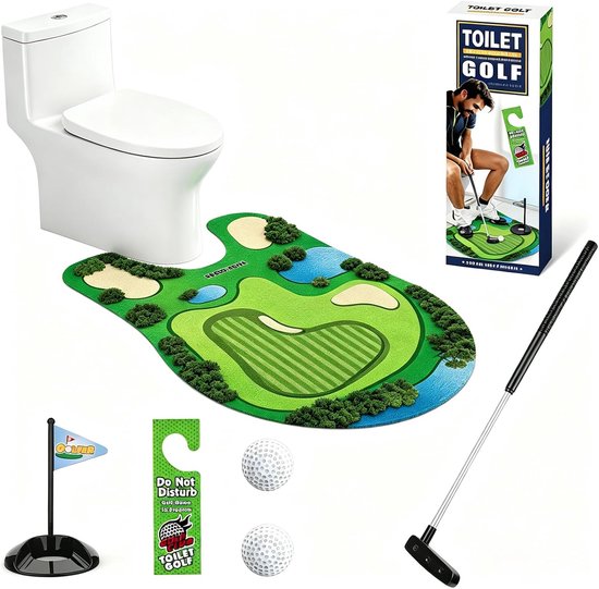 Toiletgolf - cadeauset - mini-golfspel met schaalbare golfclub - putingmat - 2 golfballen en deurhanger - grappig cadeau voor mannen - voor badkamer - toilet - Vaderdag - verjaardag en Kerstmis