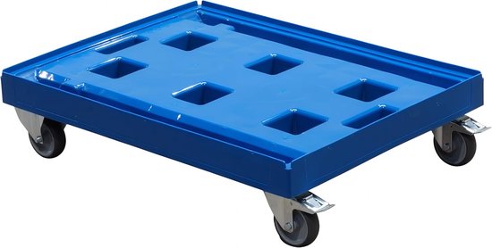 Transportwagen voor kisten 80 x 60 cm - 400 kg draagvermogen in blauw 2 bok- en 2 zwenkwielen met parkeerrem