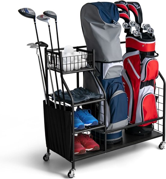 Trendmix Golftas opslagrek Metaal Zwart 95 cm x 40 cm x 94 cm - Garage Organizer Dubbele Golftas Standaard - 4 Universele Wielen Met Rem