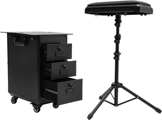 Trolley, tattookoffer met 3 laden en wielen, cosmeticakoffer trolley voor kappers, nageltechnici, zwart (acryl)
