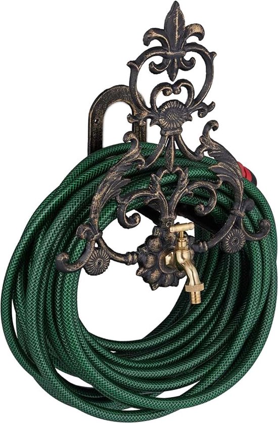 Tuinslanghouder met kraan, vintage design, wandslanghouder ijzer, HBD: 38.5 x 32.5 x 23 cm, zwart-goud
