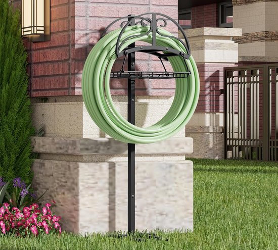tuinslangorganizer met opbergmand - zwarte, gepoedercoate slangstandaard, afneembaar ontwerp voor 150 ft slang, inclusief sleutel en schroevendraaier voor eenvoudige montage