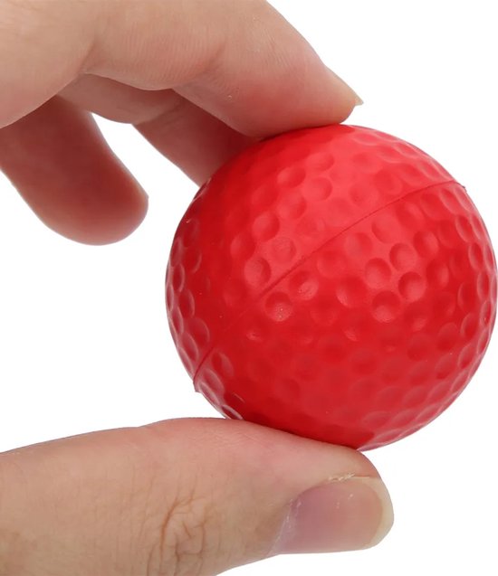 Twaalf golfballen van polyurethaanschuim in de kleuren wit, rood, oranje, geel, groen en blauw.