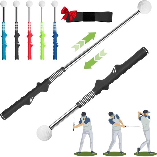 Uitschuifbare golfswingtrainer - voor rechtshandigen, draagbaar, geschikt voor binnen en buiten. Hulpmiddel voor het trainen van spiergeheugen, tempo en het voorkomen van slices. Verstelbaar oefenapparaat voor golfers van alle niveaus.