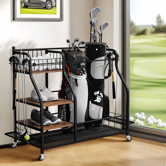 unho Golfopslag Garage Organizer - Golfrek geschikt voor 2 golftassen - Afsluitbare 360°-wielenstandaard - voor binnen en buiten - Opbergruimte voor golfuitrusting met 3 planken - Clubhouder - Ballenmand & haken van Merkloos