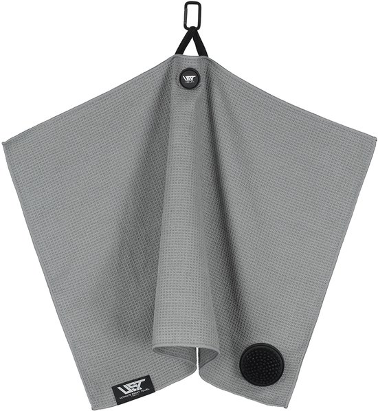 UST Golf handdoek - Geïntegreerde borstel - Ophang magneet - 75 cm x 50 cm - Kleur Grijs ** Inclusief Tees en Marker van UST
