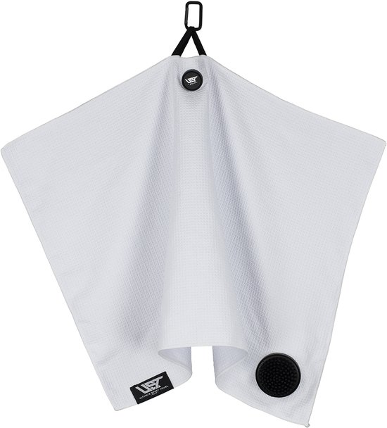 UST Golf handdoek - Geïntegreerde borstel - Ophang magneet - 75 cm x 50 cm - Kleur Wit ** Inclusief Tees en Marker van UST Golf