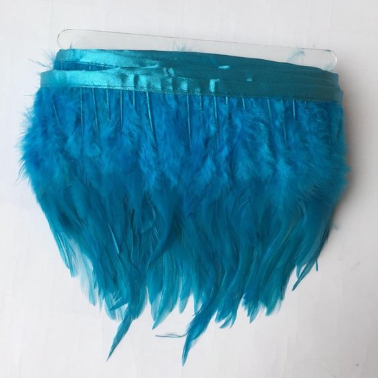 Veerfranje met gekleurde hanenveren, voor kostuum, decoratie, kleding, verpakking van 4,57 m, turquoise