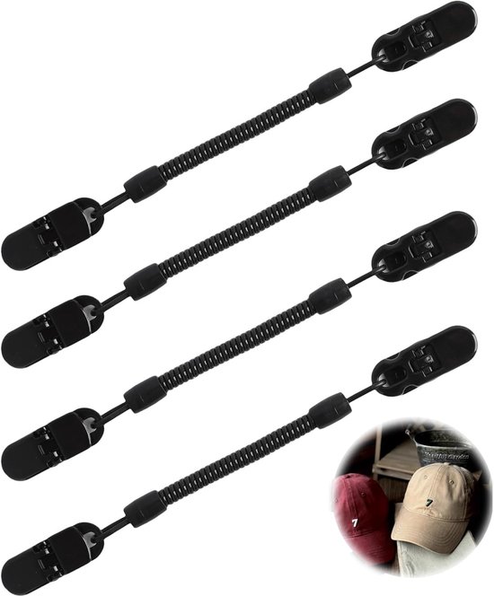Verpakking met 4 hoedenhouders, windbescherming met intrekbare veerkabel, hoedenriemclip, geschikt voor golf, vissen, boottochten en zeilen, zwart
