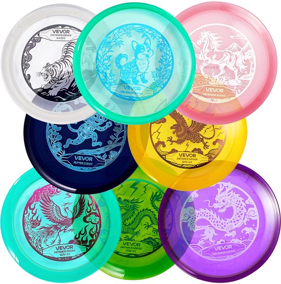 VEVOR Disc Golf Starter Set (8 Stuks), Beginnersfrisbees voor Volledige Lichaamskrachttraining, met Putter, Middenbereik, Driver, Pdga-Goedgekeurd, voor Tuin, Gazon, Strand, Park, Buiten van Merkloos