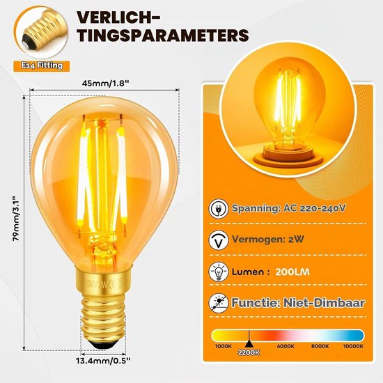 Vintage E14 Edison Schakelaar Lamp, 2W LED Filament 20 Watt Equivalent, Antieke Retro Amber Glas 2200K Warm Wit, 200LM, AC 220V, Niet Dimbaar, Mini G45 Golfbal Verlichting, Set van 6, Energiezuinig en Duurzaam